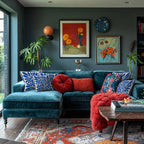 Double-sided faux suede decorative pillow with contemporary botanical artwork and gallery-inspired design.