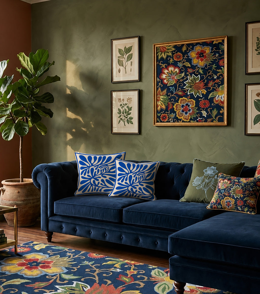 Blue abstract faux suede cushion designed for layered coastal and contemporary home interiors.