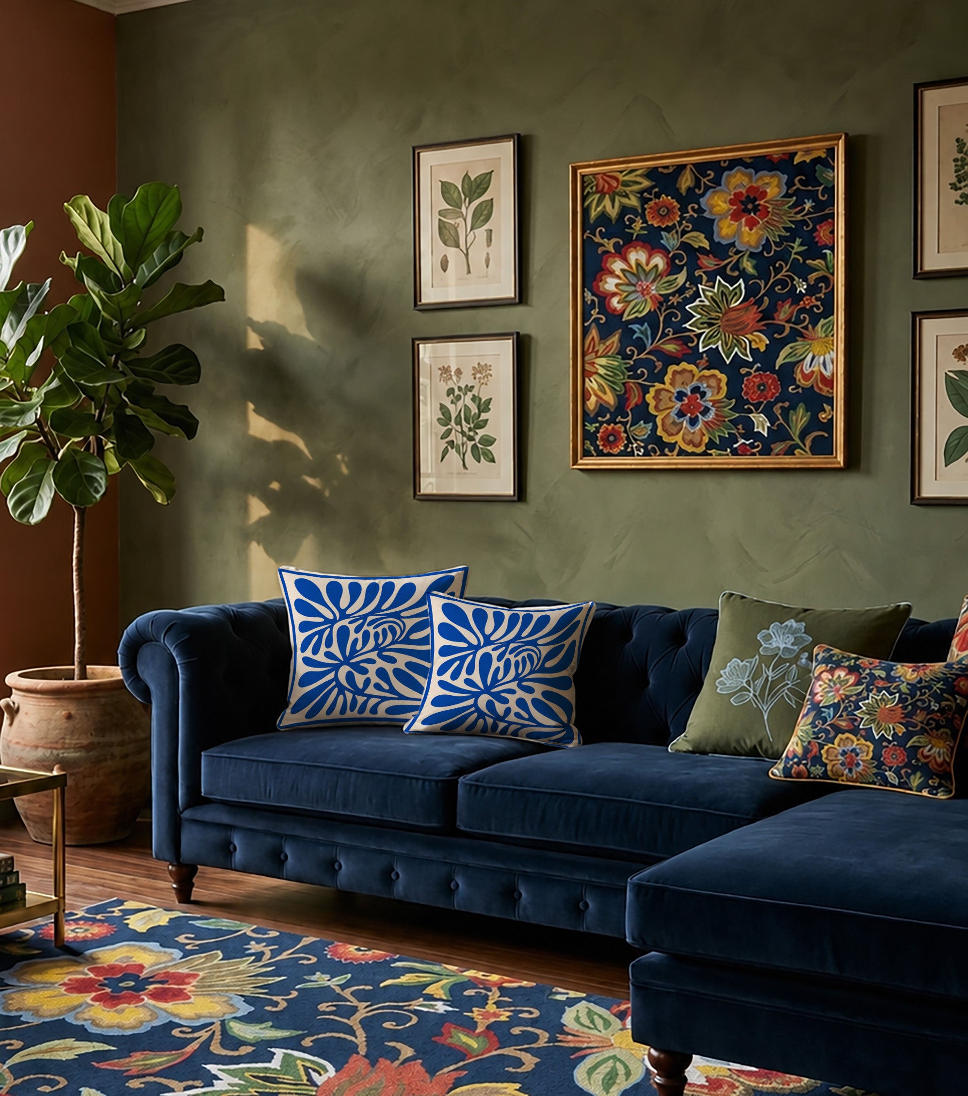 Blue abstract faux suede cushion designed for layered coastal and contemporary home interiors.