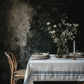 French Riviera Heritage Stripe Tablecloth featuring elegant blue stripes on 100% cotton twill, styled with ceramics and dried florals in a Mediterranean-inspired dining setting.