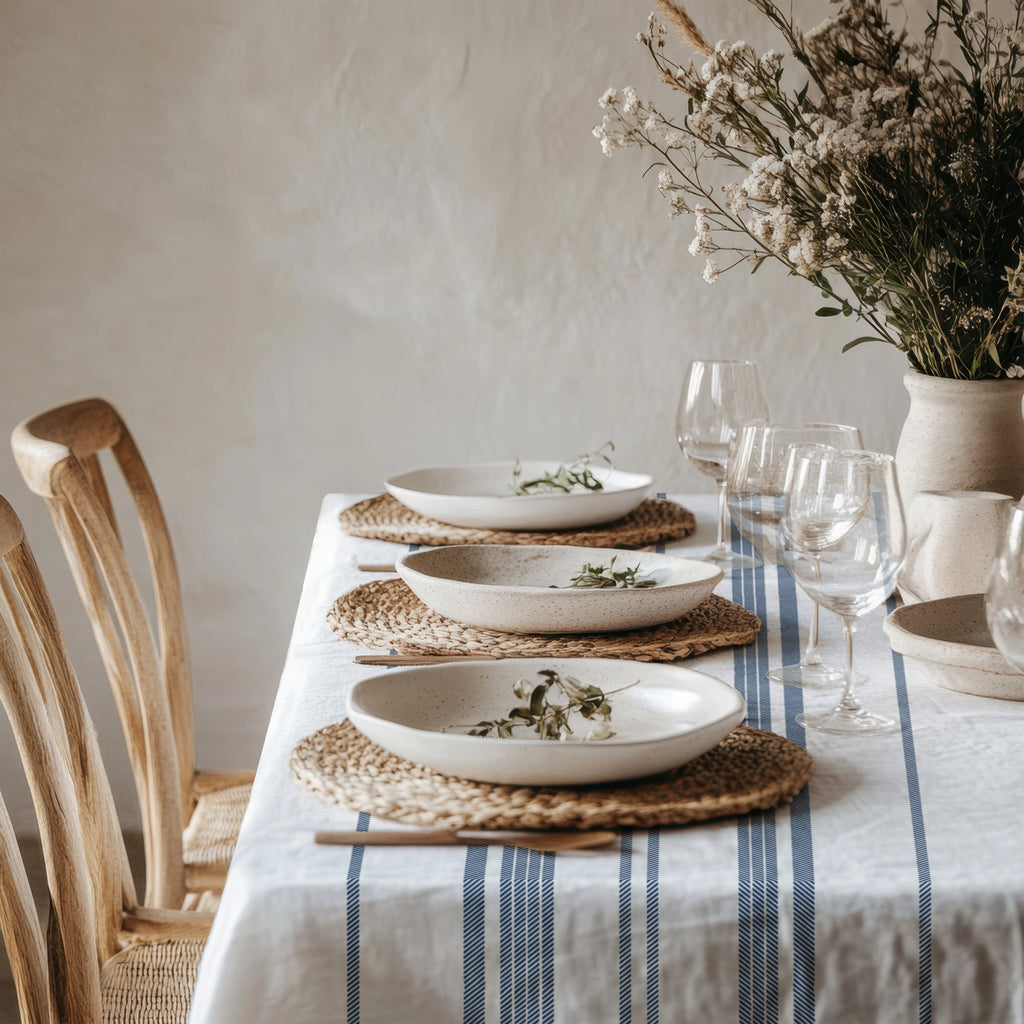 French country inspired dining setting with a heritage blue stripe tablecloth, neutral ceramics, woven textures, and relaxed Mediterranean styling.