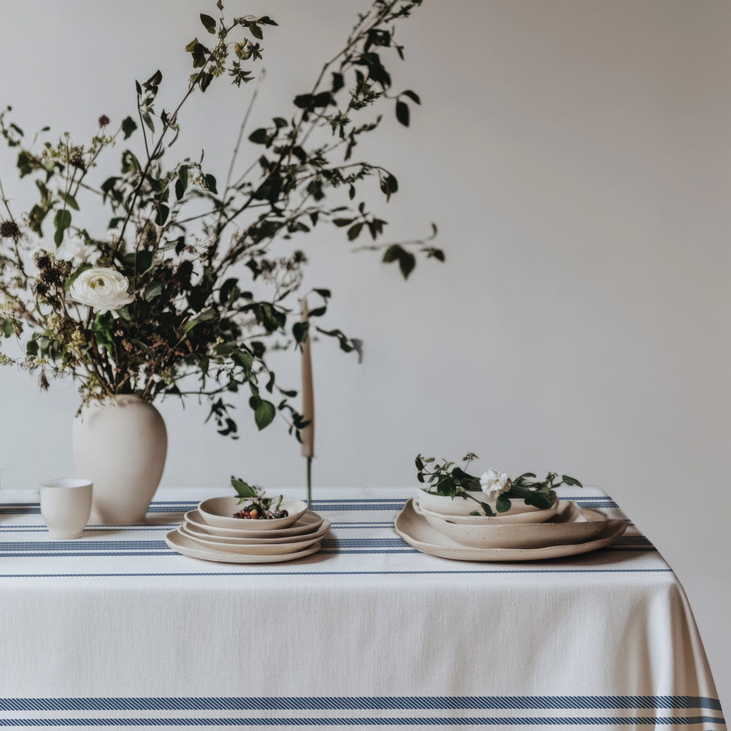 Premium 100% cotton twill tablecloth featuring a classic blue stripe pattern designed for French Riviera, coastal, and modern Mediterranean interiors.