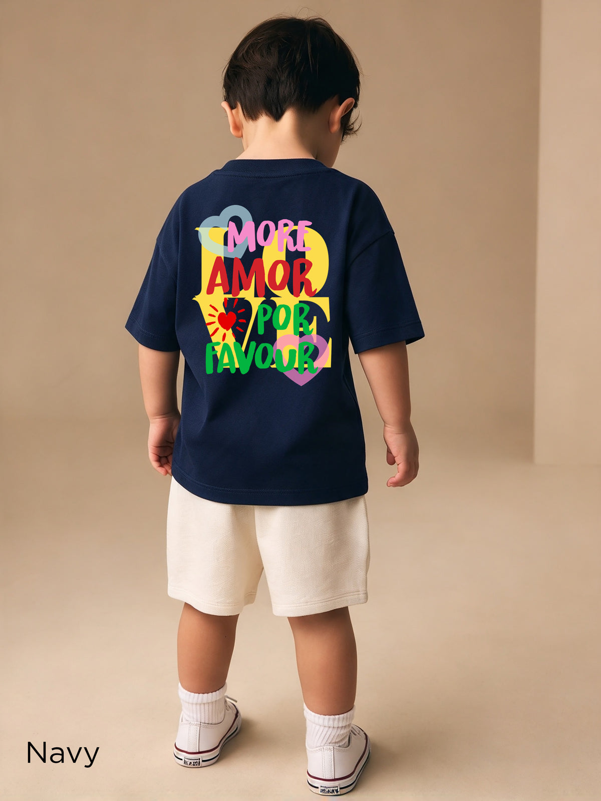 Navy More Amore Por Favour toddler graphic T-shirt styled with casual clothing for a colourful everyday outfit.