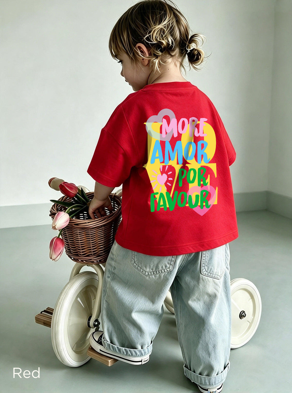 Red Kids More Amore Por Favour T-shirt featuring colourful lettering, hearts and sunshine-inspired graphics on the back.