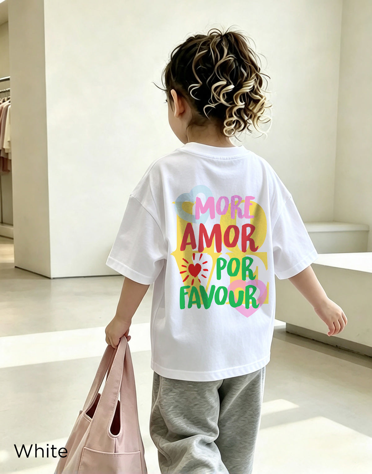 Backview of the white Kids More Amore Por Favour T-shirt 