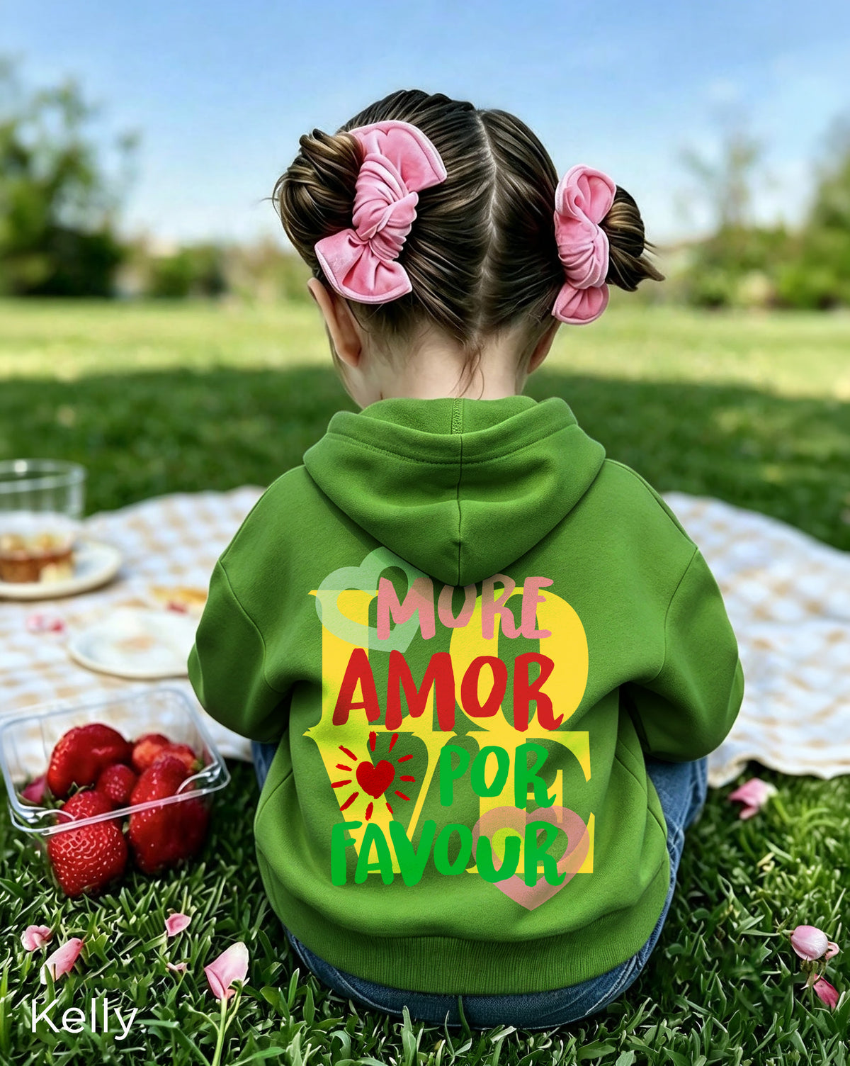 Child in More Amore Por Favor hoodie showing back print, 'More Amore por favour' colourful text, soft fleece for toddlers