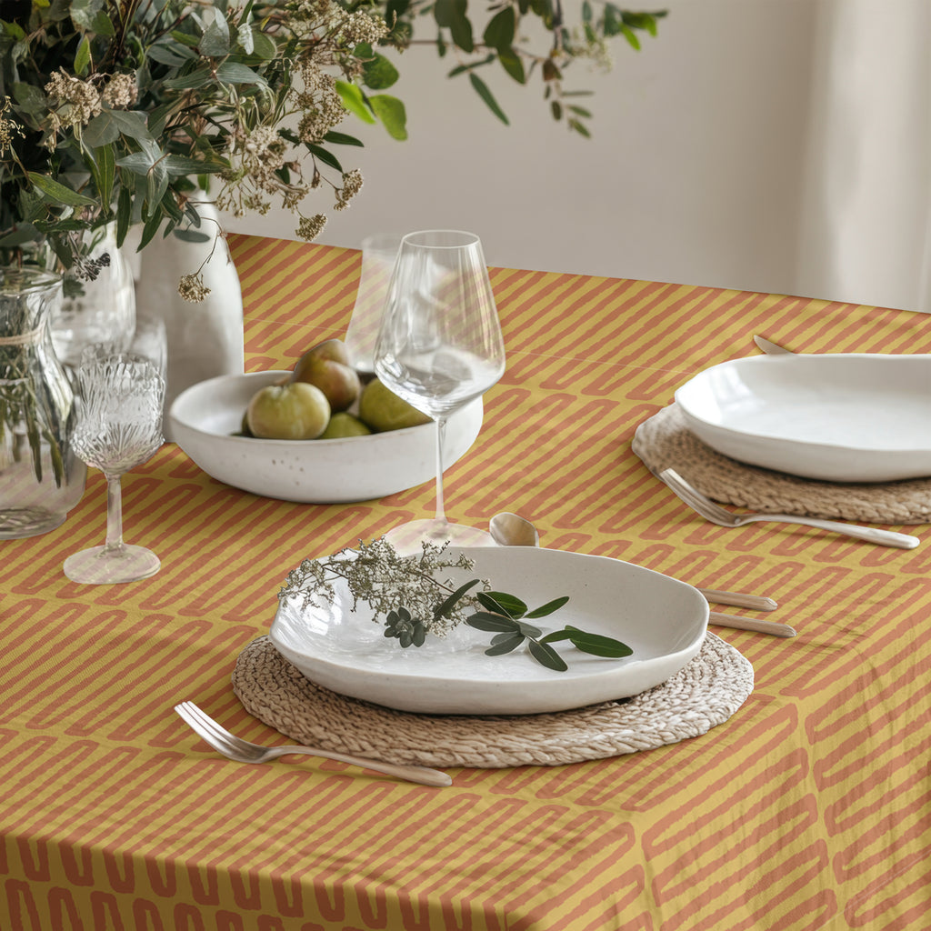 Rectangle cotton twill tablecloth in mustard and terracotta with modern farmhouse styling