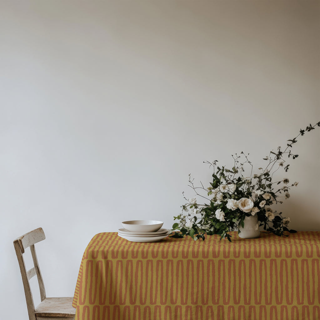Mediterranean table linen with geometric organic print and natural woven texture