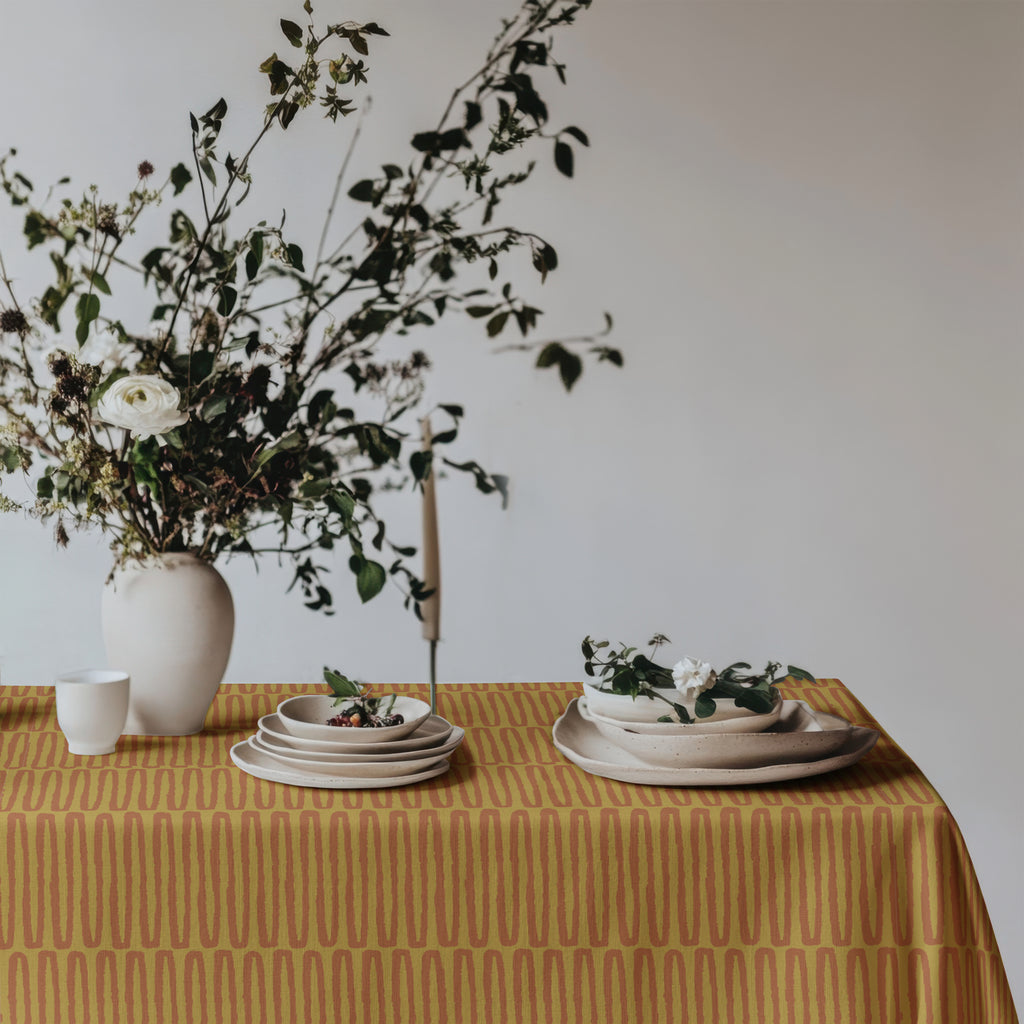 Premium cotton twill dining tablecloth in mustard and terracotta available in square and rectangle sizes