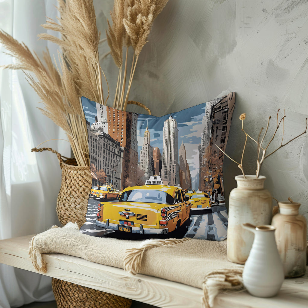 Colorful Yellow NYC Taxi Pillow – 20"x20" Polyester Canvas