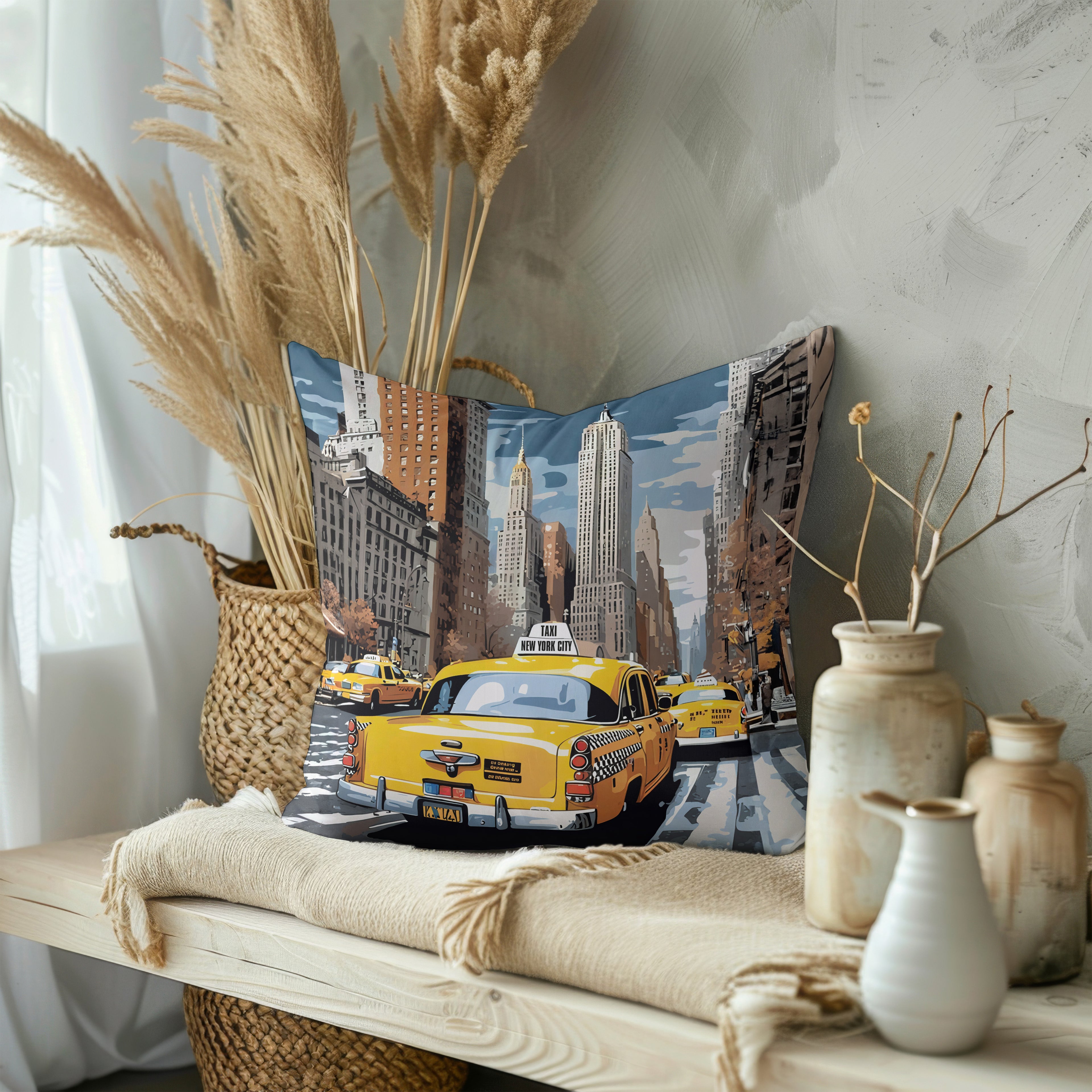 Colorful Yellow NYC Taxi Pillow – 20"x20" Polyester Canvas