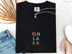 Black Oh La La embroidered boho t-shirt for women, handmade artisanal tee, casual Instagram-ready outfit, eco-friendly Comfort Colors 1717 cotton, free-spirited style