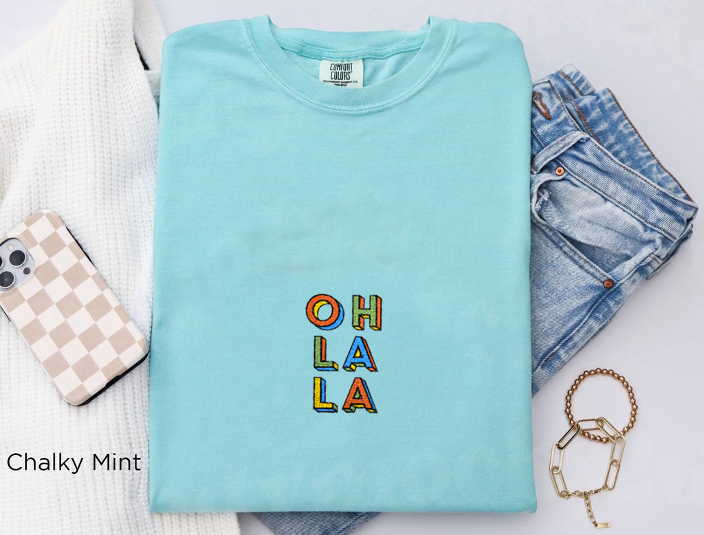 Chalky Mint Oh La La embroidered boho t-shirt for women, handmade artisan tee, soft eco-friendly Comfort Colors 1717 cotton, casual boho outfit, Instagram-ready free-spirited style