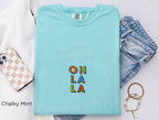 Chalky Mint Oh La La embroidered boho t-shirt for women, handmade artisan tee, soft eco-friendly Comfort Colors 1717 cotton, casual boho outfit, Instagram-ready free-spirited style
