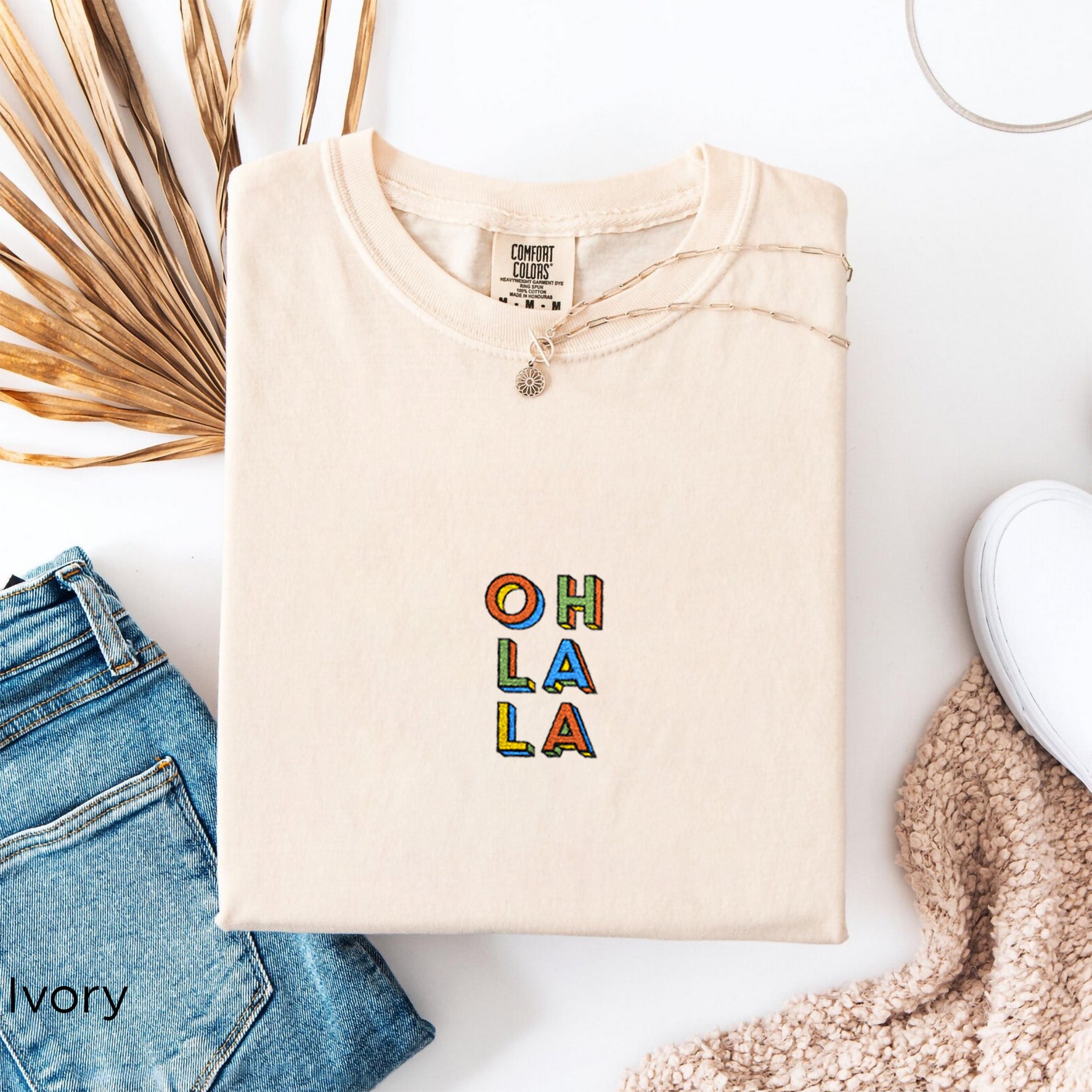 Ivory Oh La La embroidered boho t-shirt, handmade artisanal cotton tee for women, eco-friendly Comfort Colors 1717, Instagram-ready casual outfit, free-spirited style