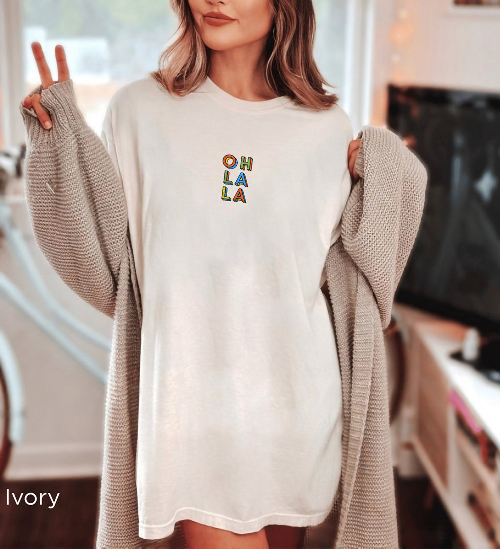 Soft Ivory Oh La La embroidered boho t-shirt for women, handmade artisanal cotton tee, eco-conscious Comfort Colors 1717, casual Instagram-ready free-spirited outfit