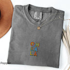 Pepper grey Oh La La embroidered boho t-shirt for women, handmade Comfort Colors 1717 cotton tee, eco-friendly artisanal fashion, casual free-spirited Instagram outfit