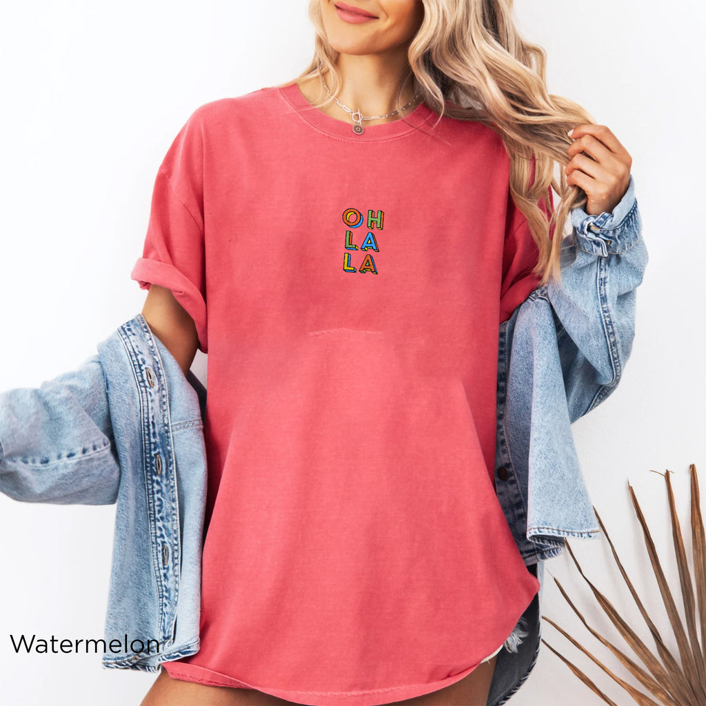Watermelon pink Oh La La embroidered boho t-shirt, handmade artisan tee for women, eco-friendly Comfort Colors 1717 cotton, playful casual Instagram-ready outfit