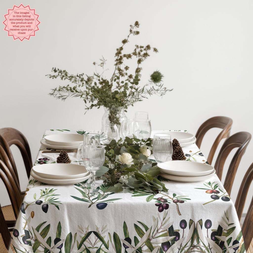 Elegant Olive Branch Print Tablecloth - A stylish cotton twill tablecloth with vibrant olive motifs, perfect for elevating any dining experience with its Mediterranean charm.