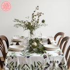 Elegant Olive Branch Print Tablecloth - A stylish cotton twill tablecloth with vibrant olive motifs, perfect for elevating any dining experience with its Mediterranean charm.