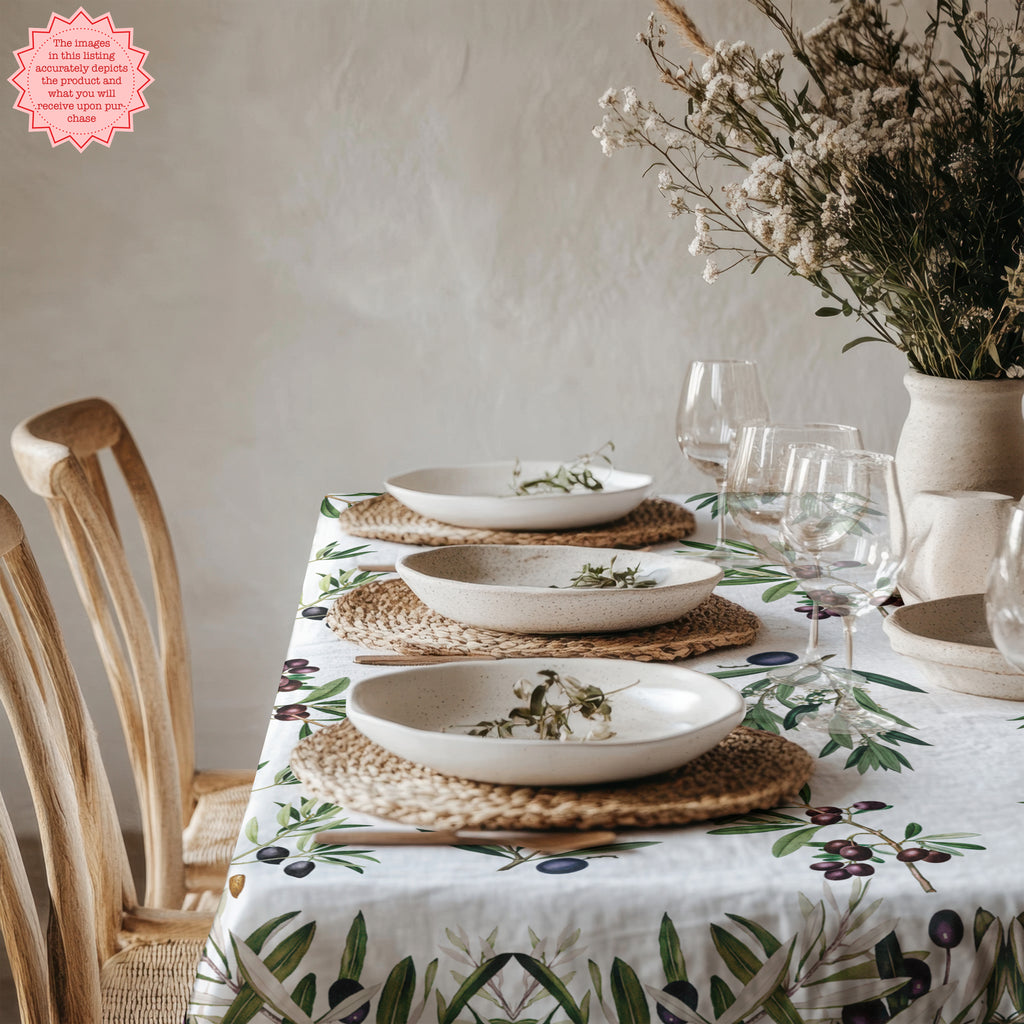 Olives Design Tablecloth for Dining - A serene, nature-inspired tablecloth with olive branches and fruits. Ideal for creating a rustic Mediterranean vibe for family meals or special occasions.