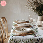 Olives Design Tablecloth for Dining - A serene, nature-inspired tablecloth with olive branches and fruits. Ideal for creating a rustic Mediterranean vibe for family meals or special occasions.