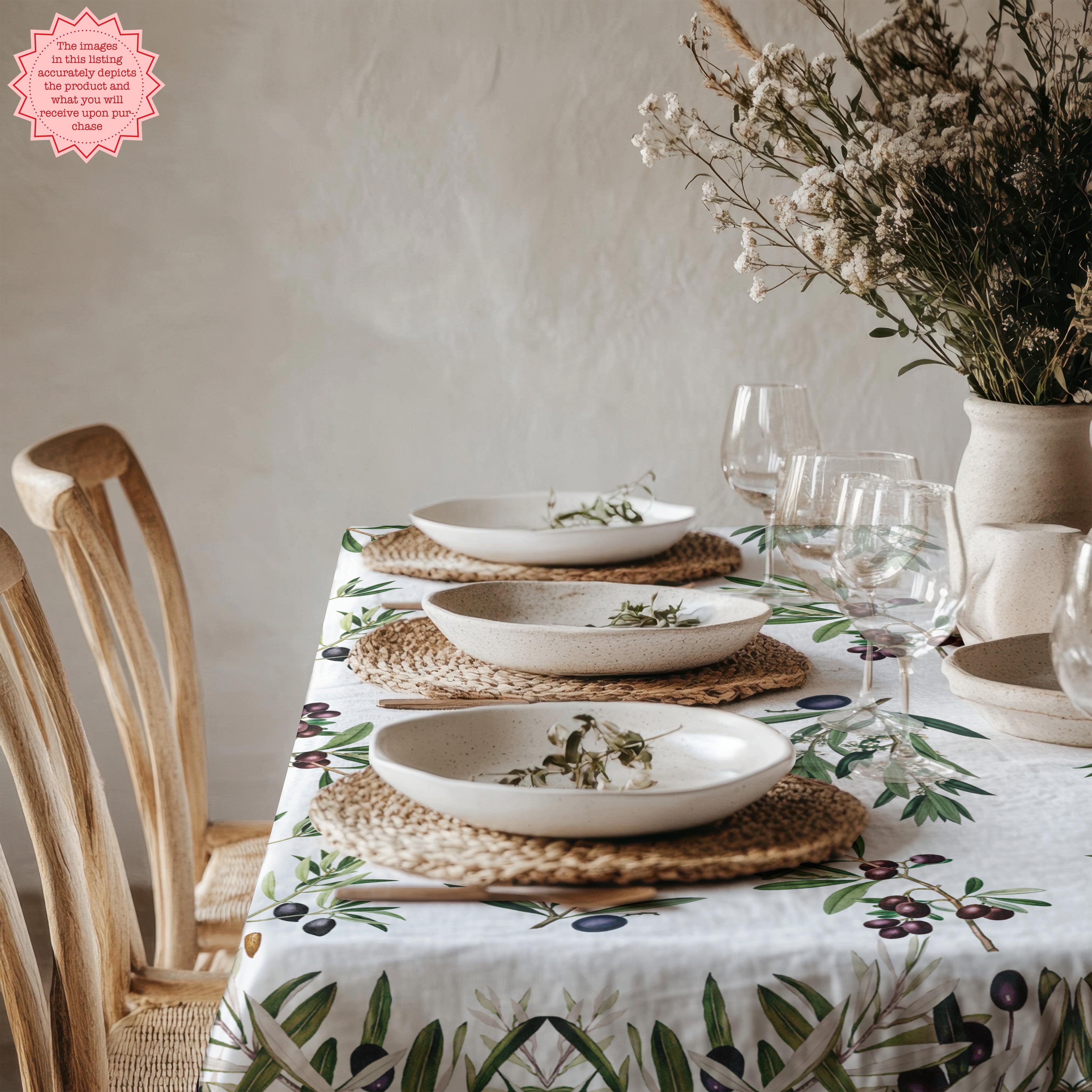 Olives Design Tablecloth for Dining - A serene, nature-inspired tablecloth with olive branches and fruits. Ideal for creating a rustic Mediterranean vibe for family meals or special occasions.
