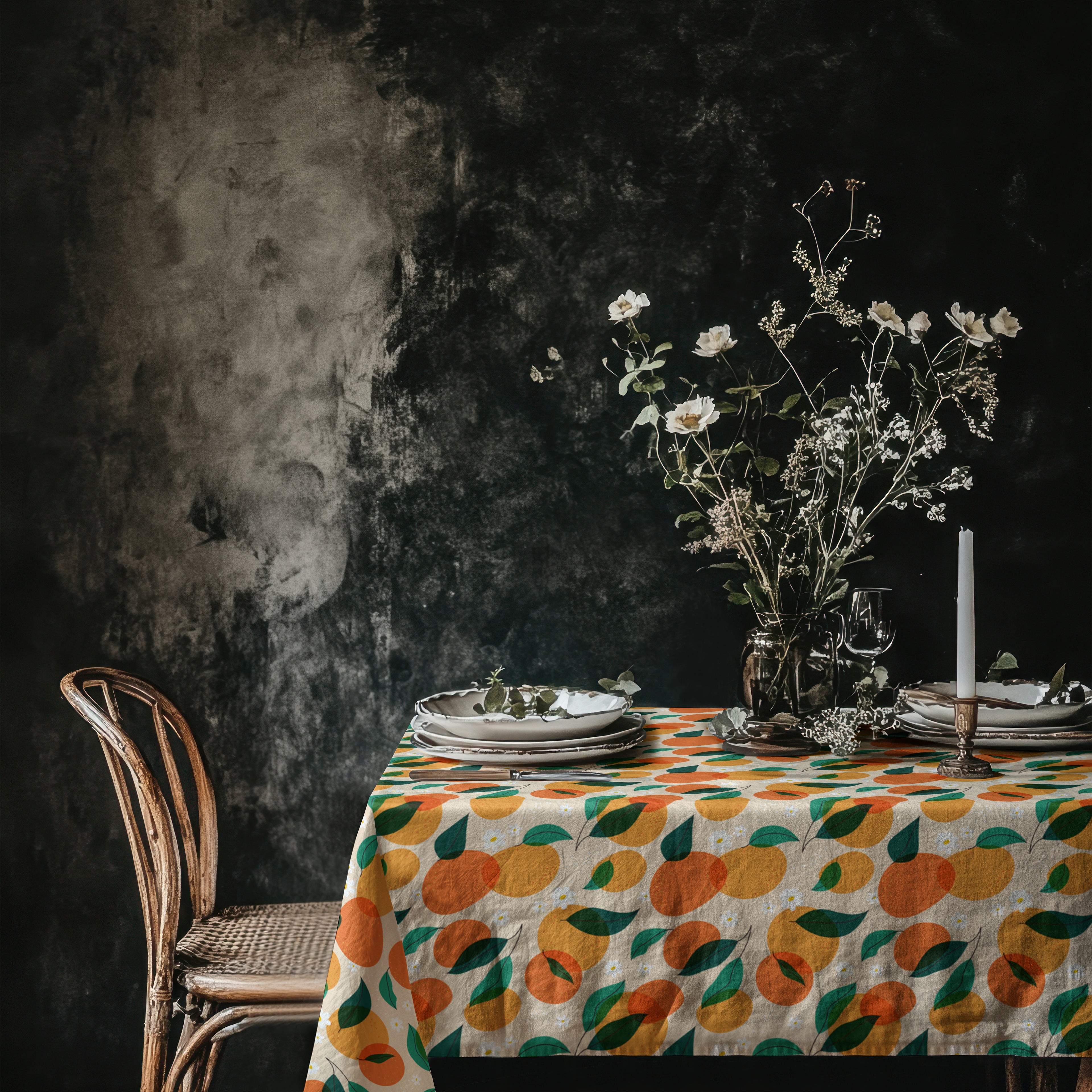 Mediterranean-inspired dining table styled with a citrus pattern tablecloth and elegant floral centerpiece.
