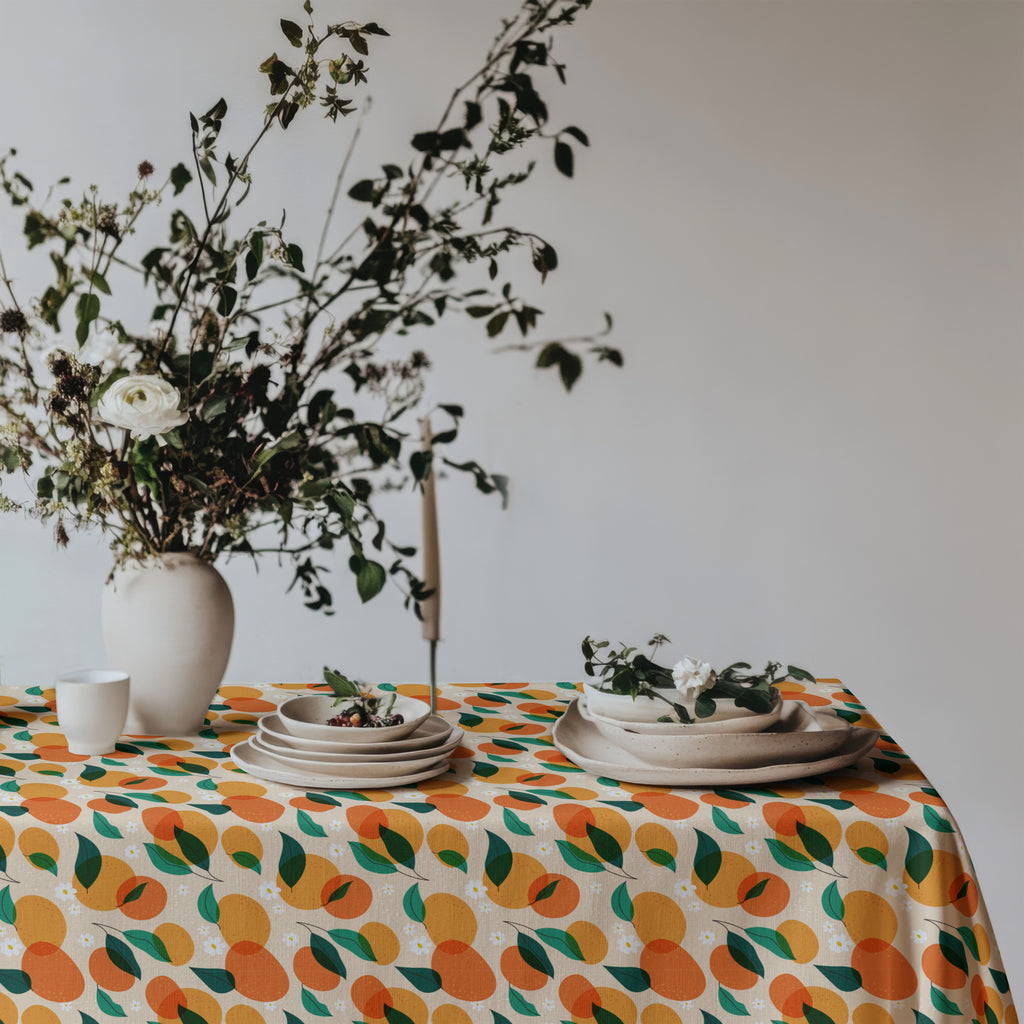 100% cotton twill citrus tablecloth showcasing a Mediterranean fruit pattern for everyday dining and special occasions.