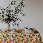 100% cotton twill citrus tablecloth showcasing a Mediterranean fruit pattern for everyday dining and special occasions.