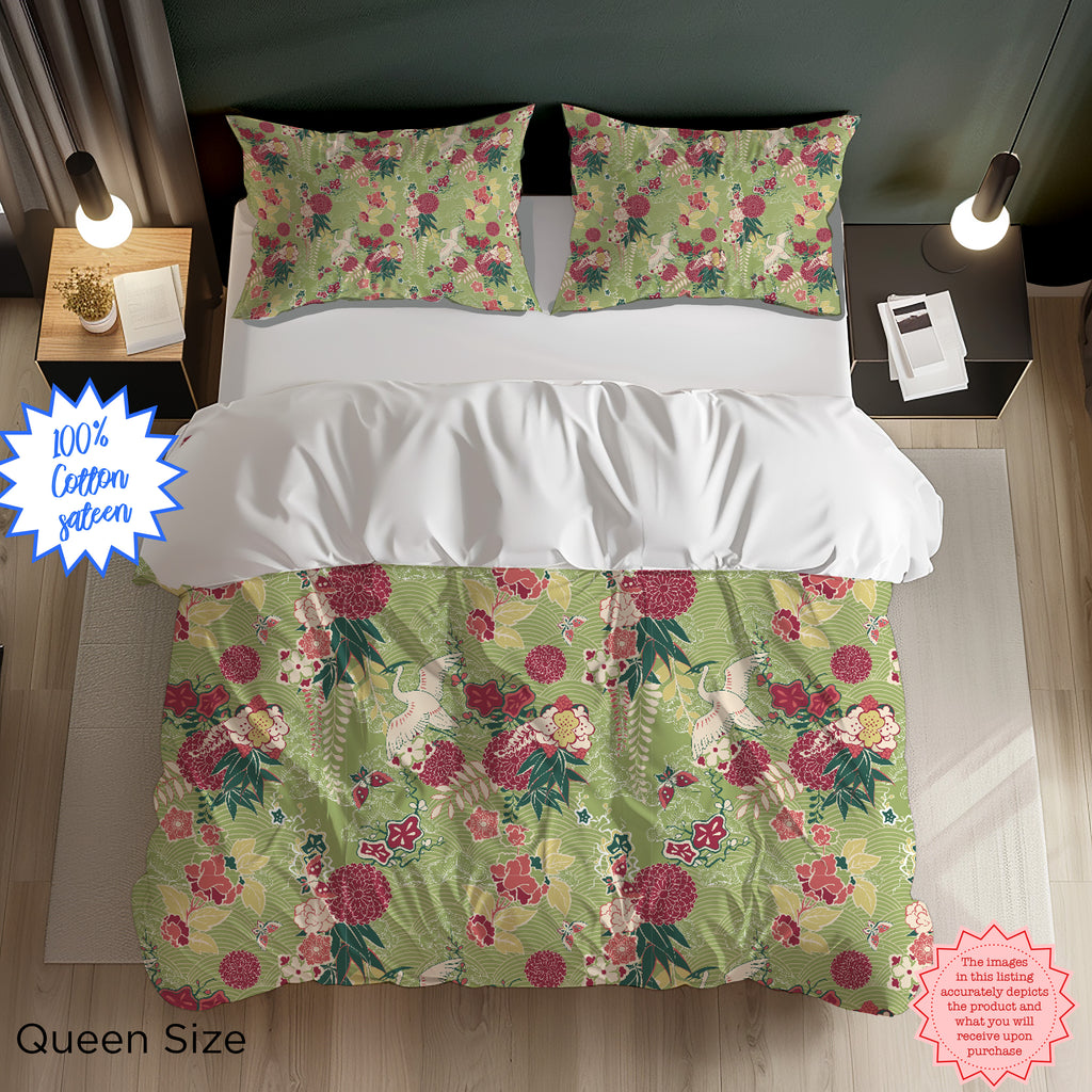 Green Oriental Floral Duvet Cover – Luxury Cotton Sateen Bedding