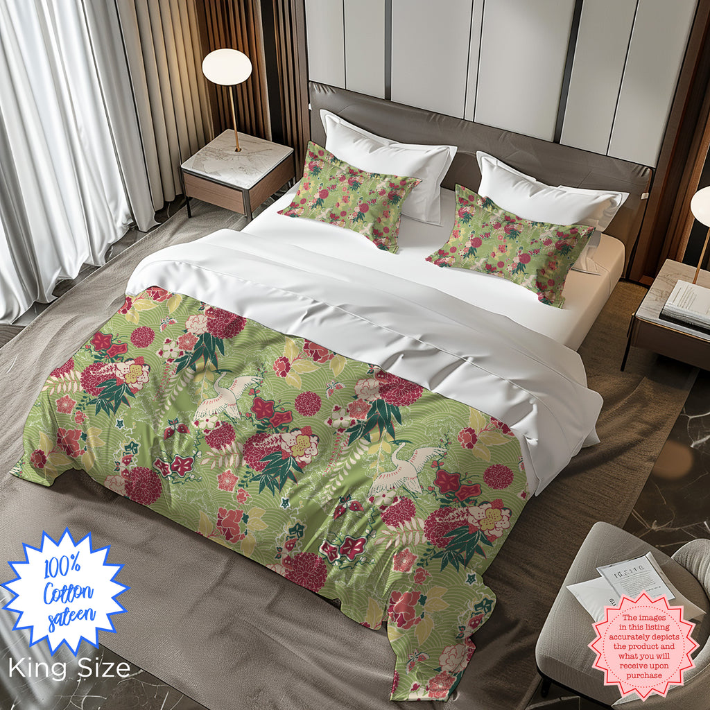 Green Oriental Floral Duvet Cover – Luxury Cotton Sateen Bedding