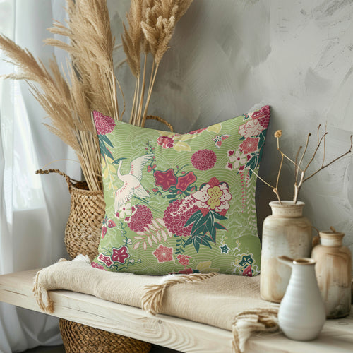 Green Oriental Floral Pillowcase Cover – 22"x22" in Velveteen, Cotton Linen Canvas, Cotton Canvas & Polyester Canvas