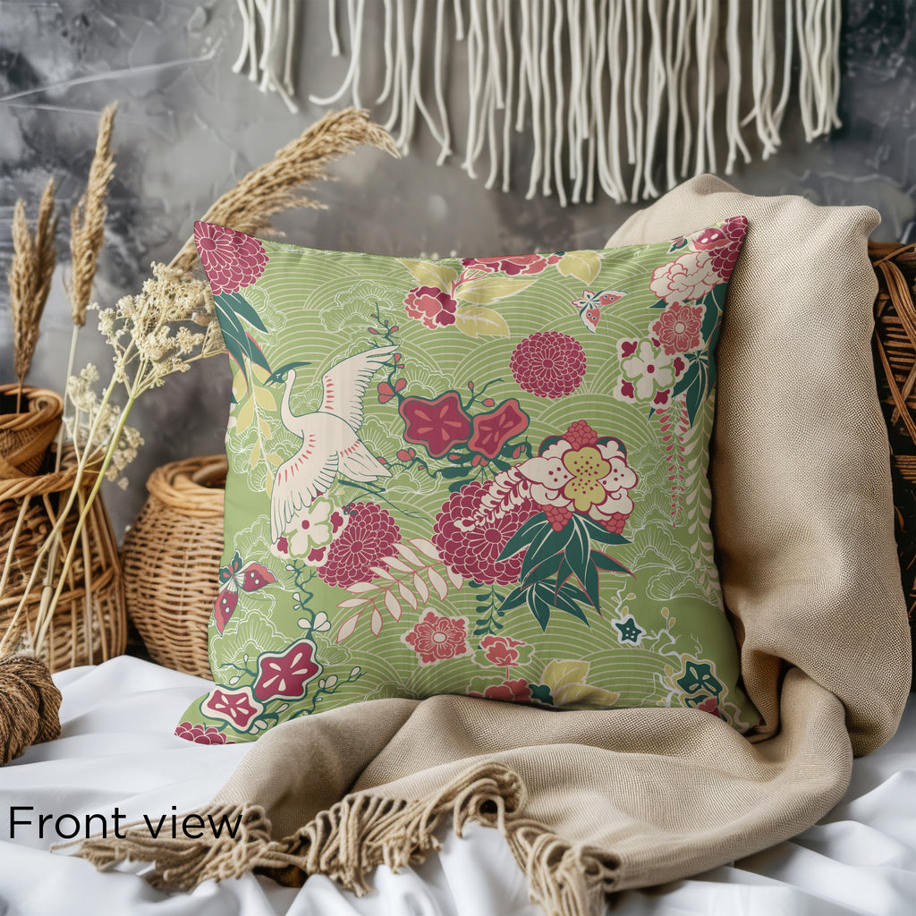 Intricate Oriental Floral Design Pillow Cover – 22"x22" with Green and Red Floral Pattern