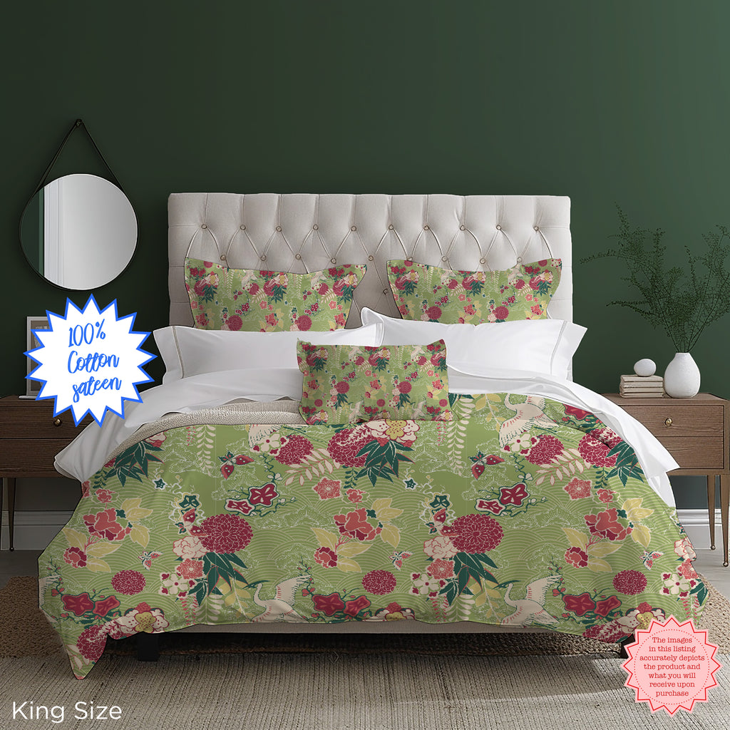 Green Oriental Floral Duvet Cover – Luxury Cotton Sateen Bedding