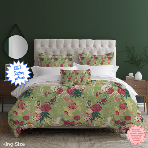 Green Oriental Floral Duvet Cover – Luxury Cotton Sateen Bedding