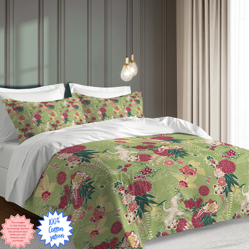 Green Oriental Floral Duvet Cover – Luxury Cotton Sateen Bedding