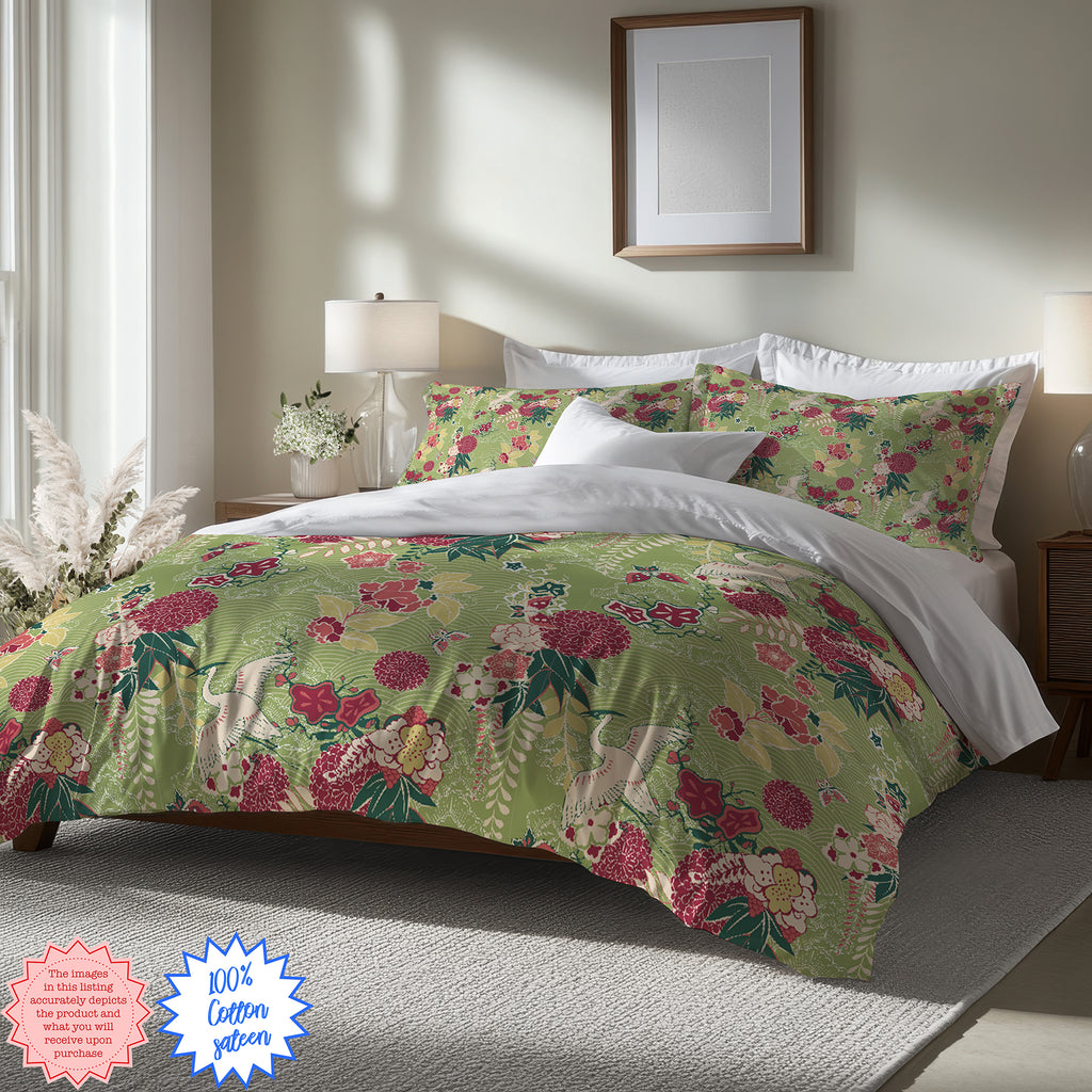 Green Oriental Floral Duvet Cover – Luxury Cotton Sateen Bedding