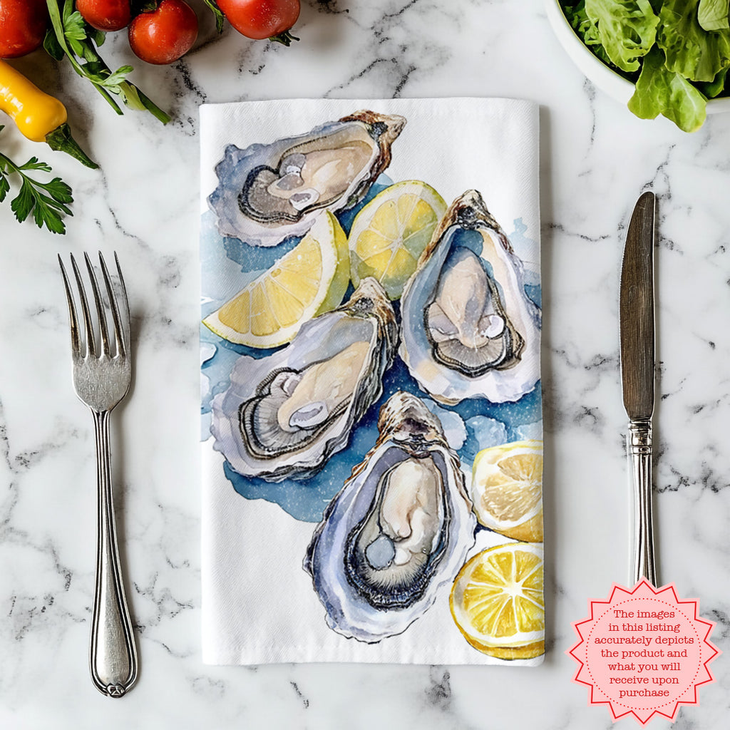 Hand-Painted Watercolor Oyster Tea Towel – 100% Cotton Twill Coastal Kitchen Towel