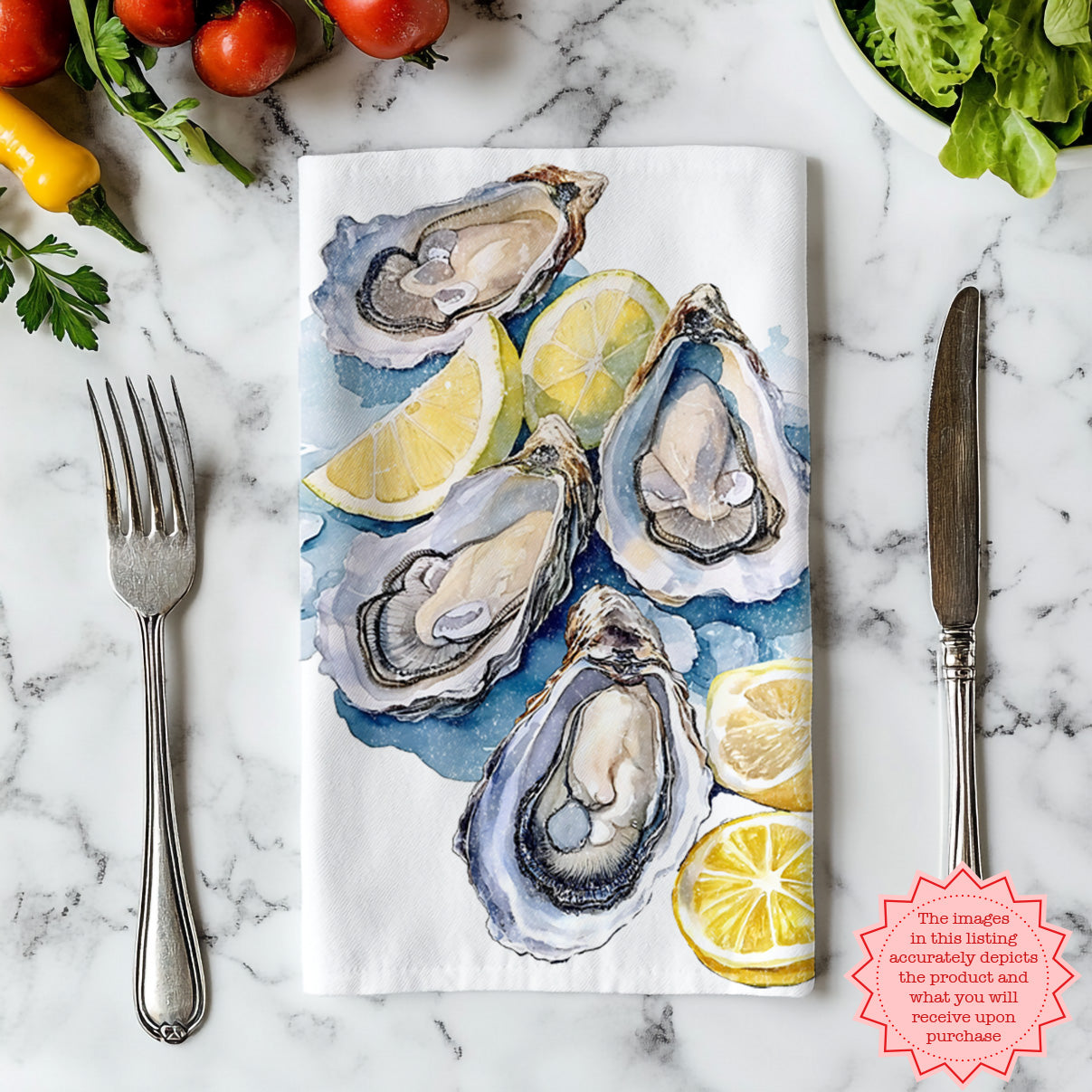 Hand-Painted Watercolor Oyster Tea Towel – 100% Cotton Twill Coastal Kitchen Towel