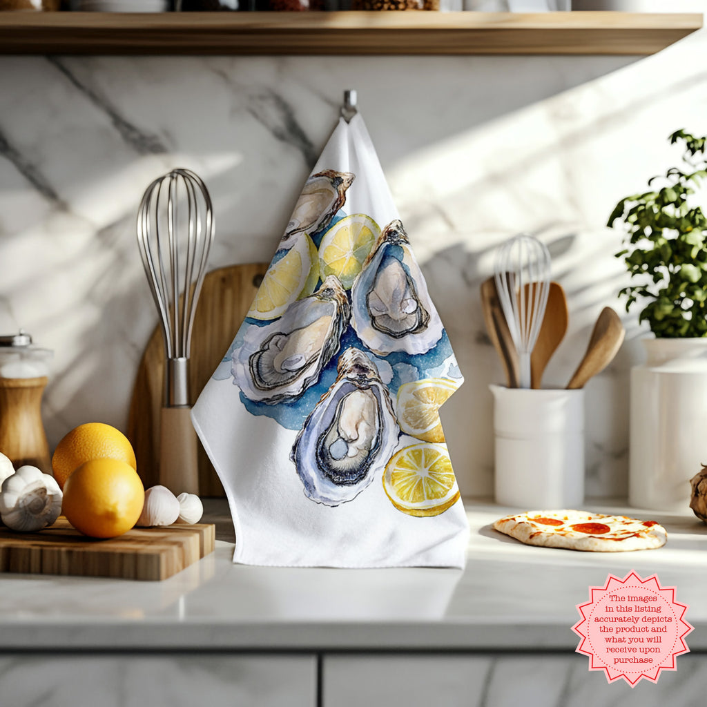 Hand-Painted Watercolor Oyster Tea Towel – 100% Cotton Twill Coastal Kitchen Towel
