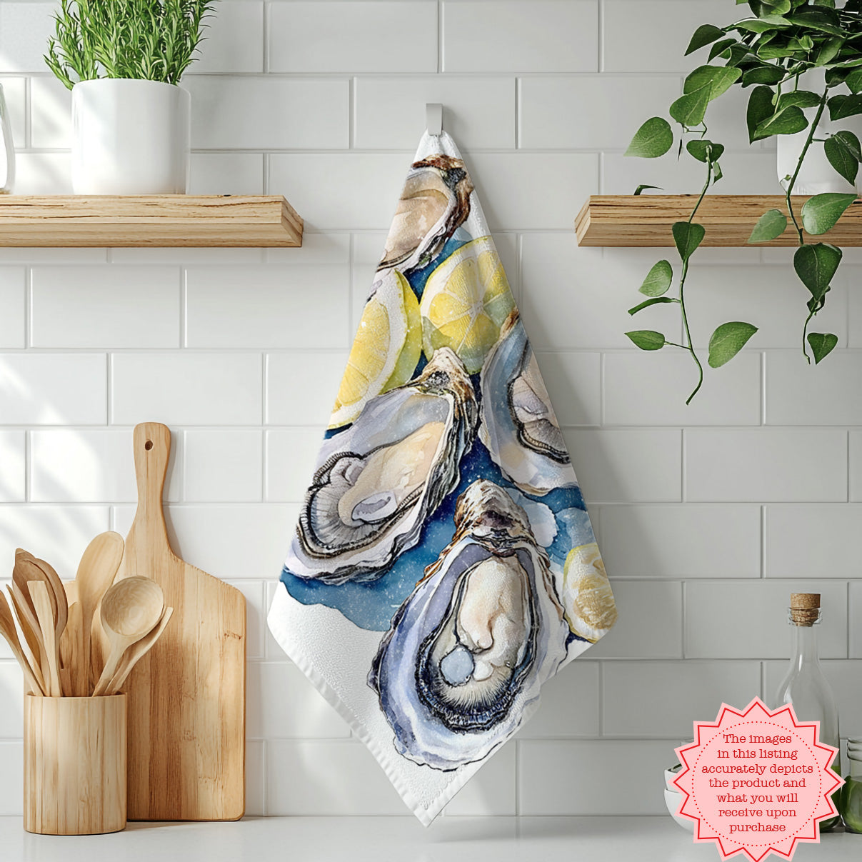 Hand-Painted Watercolor Oyster Tea Towel – 100% Cotton Twill Coastal Kitchen Towel