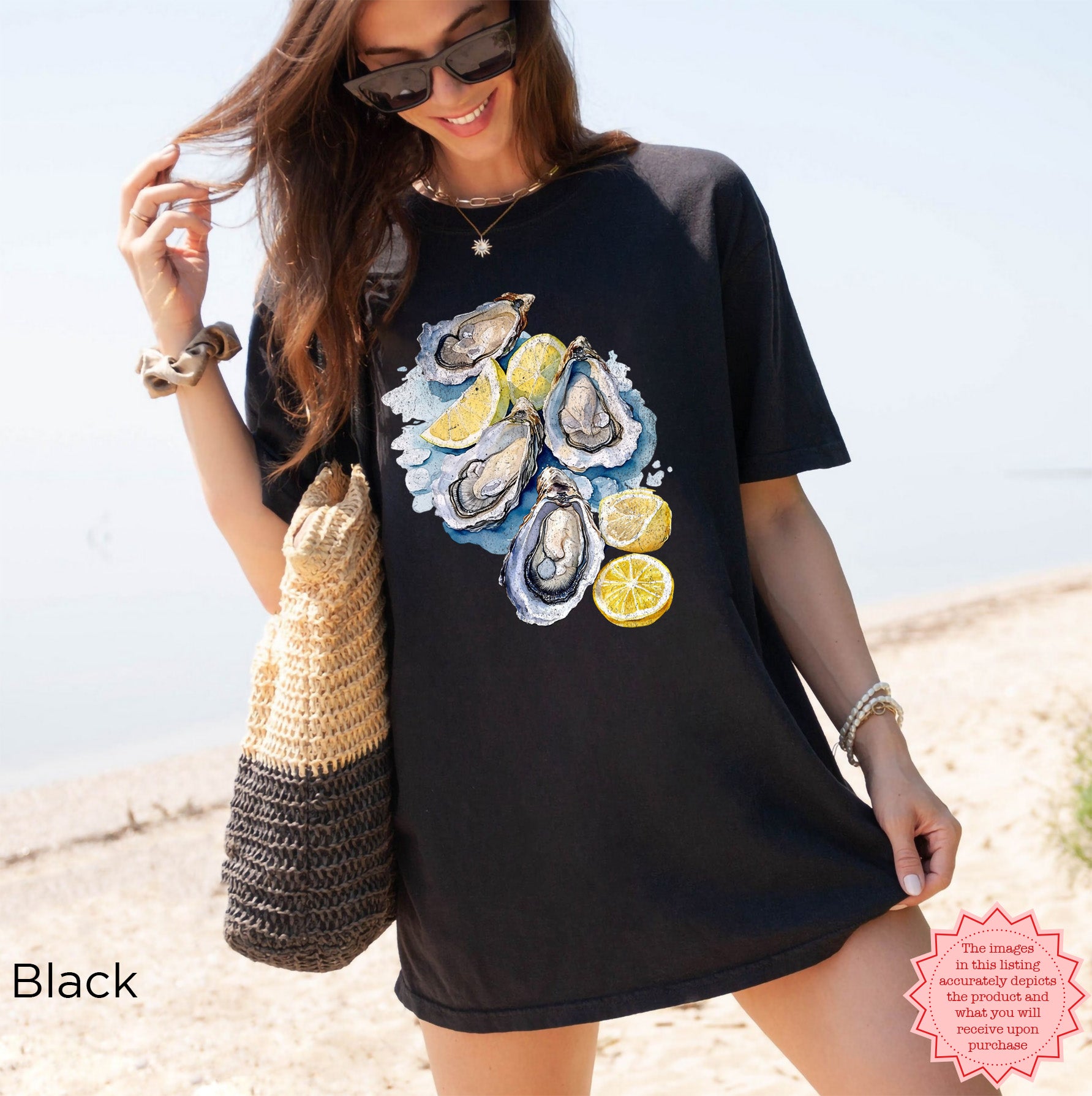 Black Comfort Colors T-shirt with vibrant watercolor oyster and lemon print, perfect for seafood lovers and coastal lifestyle outfits.