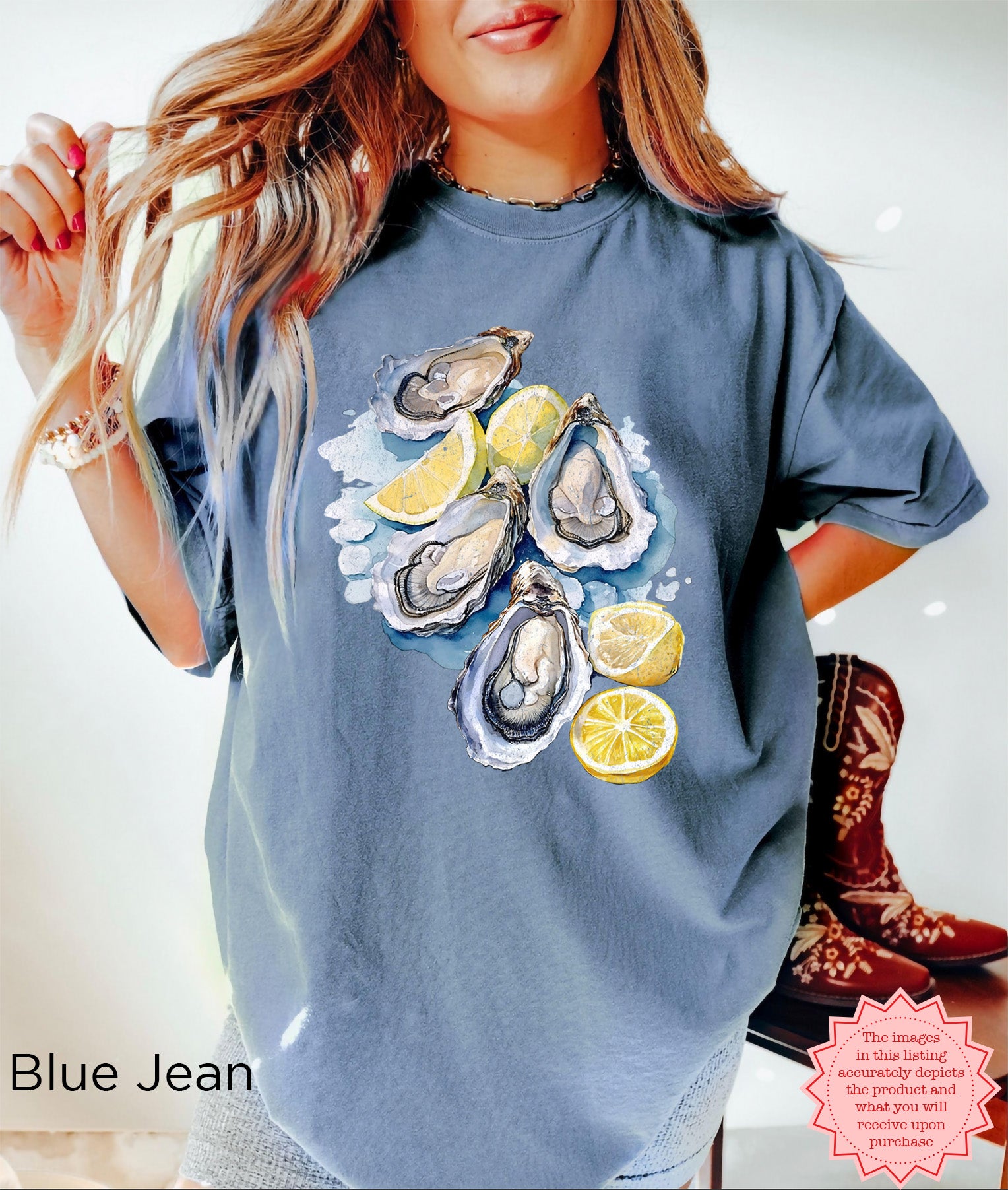 Blue jean Comfort Colors T-shirt showcasing artistic watercolor oysters and lemon slices, ideal for beach and nautical summer fashion.