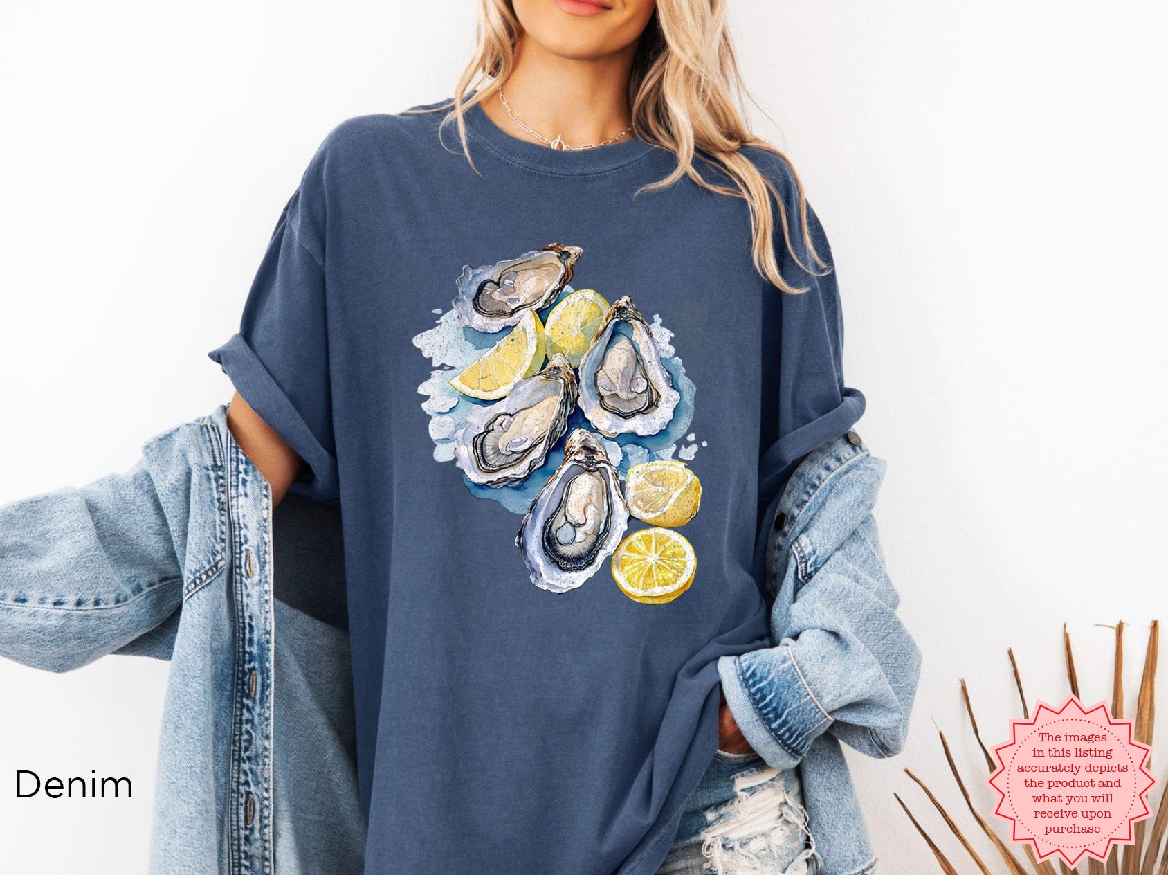 Denim blue Comfort Colors T-shirt with watercolor oyster design and lemons, styled for fisherman aesthetic and seaside casual wear.