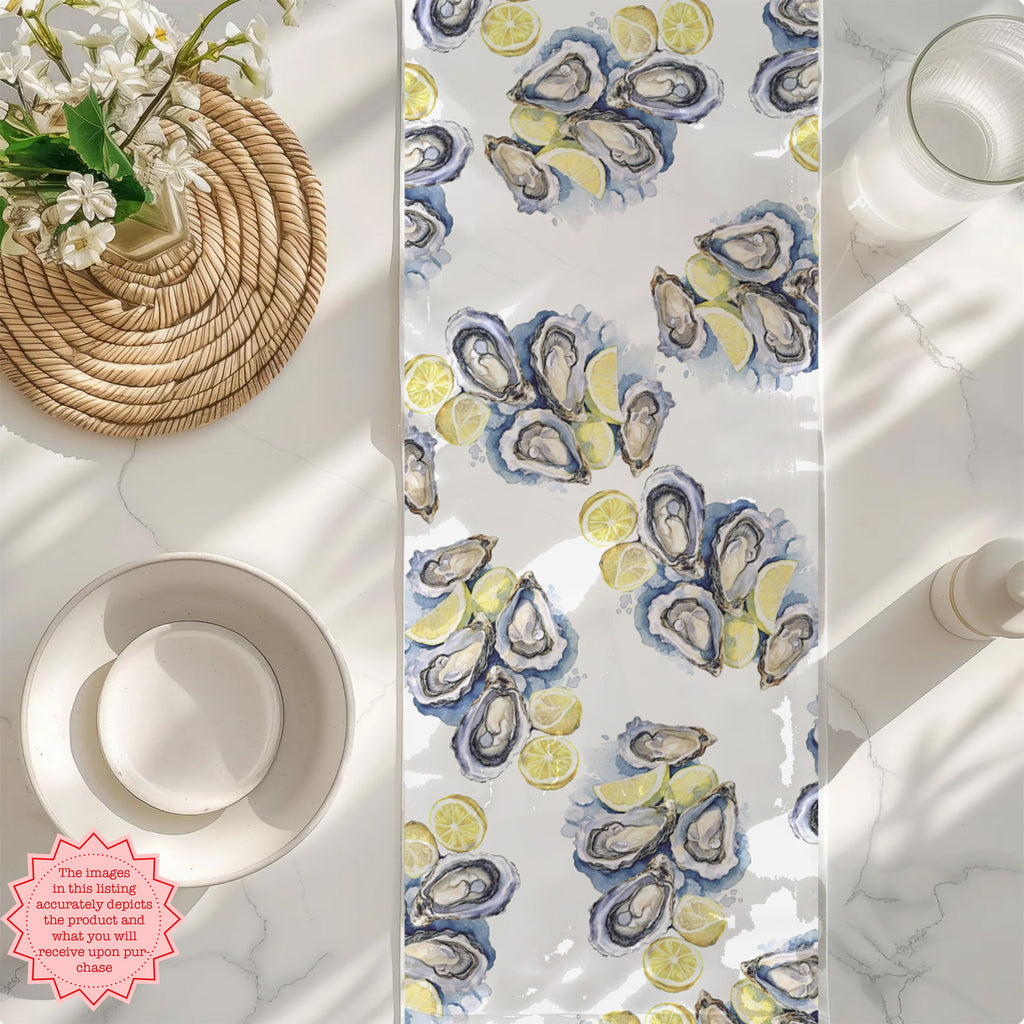 Watercolor Oysters Table Runner – Coastal Mediterranean Dining Decor
