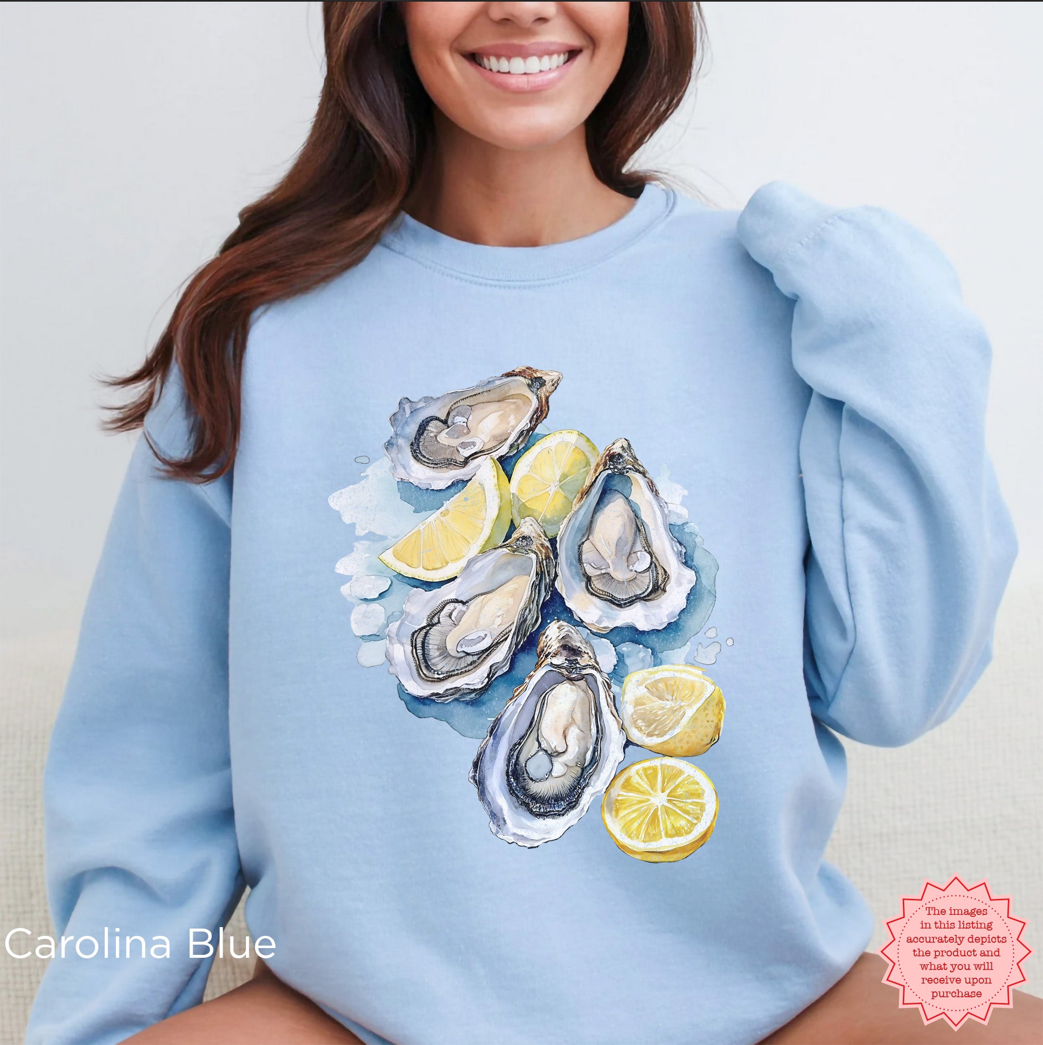 Coraline Blue Oyster Shell sweatshirt with watercolor oysters and lemon slices, Gildan 18000 DTG pullover, coastal aesthetic and beachy marine life fashion.