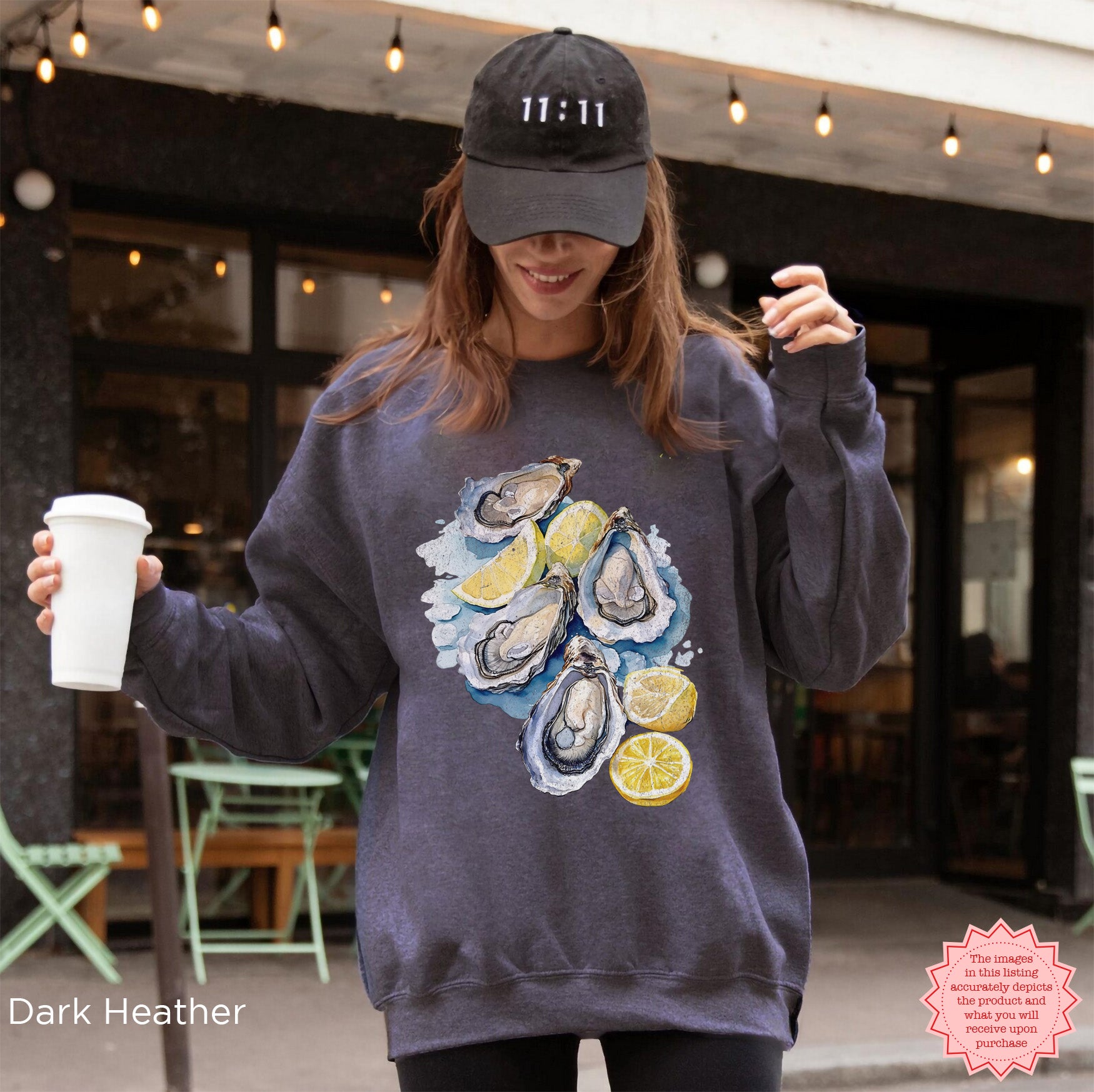 Dark Heather Oyster Shell sweatshirt with ocean-inspired watercolor oysters, Gildan 18000 DTG pullover, cozy coastal aesthetic clothing, perfect for seaside and nautical fashion.