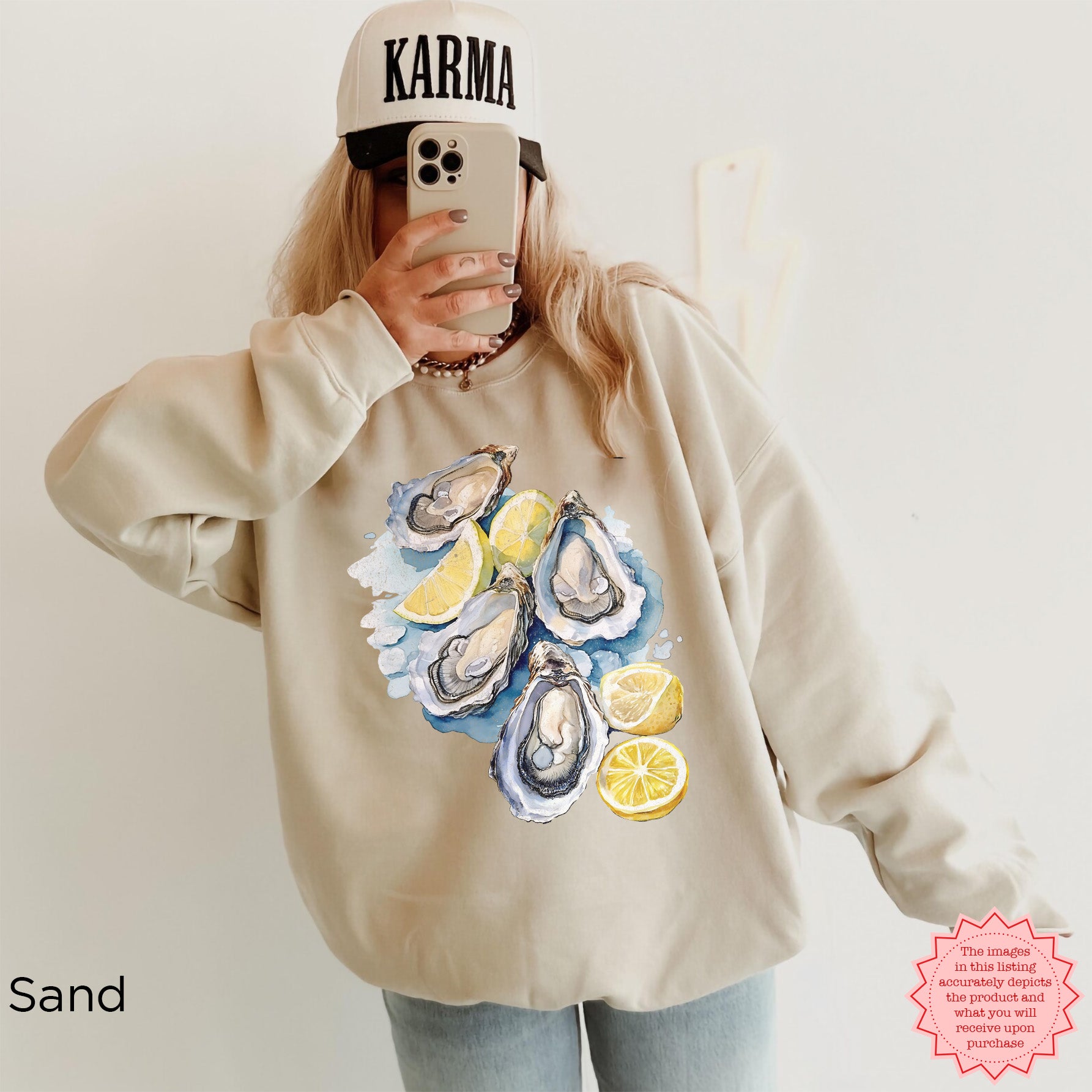 Sand-colored Oyster Shell sweatshirt with watercolor oysters and lemon accents, coastal aesthetic pullover, Gildan 18000 DTG, perfect for nautical lifestyle and ocean-inspired fashion.