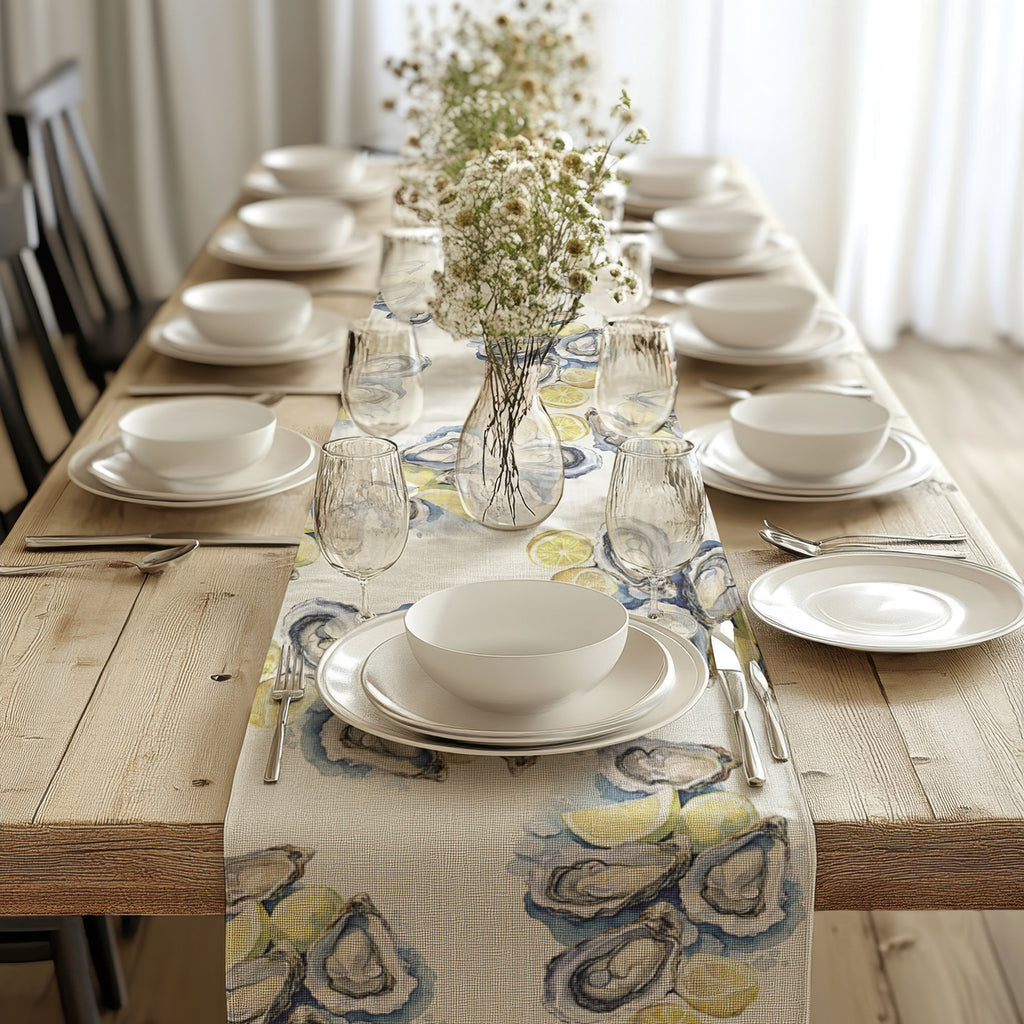 Watercolor Oysters Table Runner – Coastal Mediterranean Dining Decor